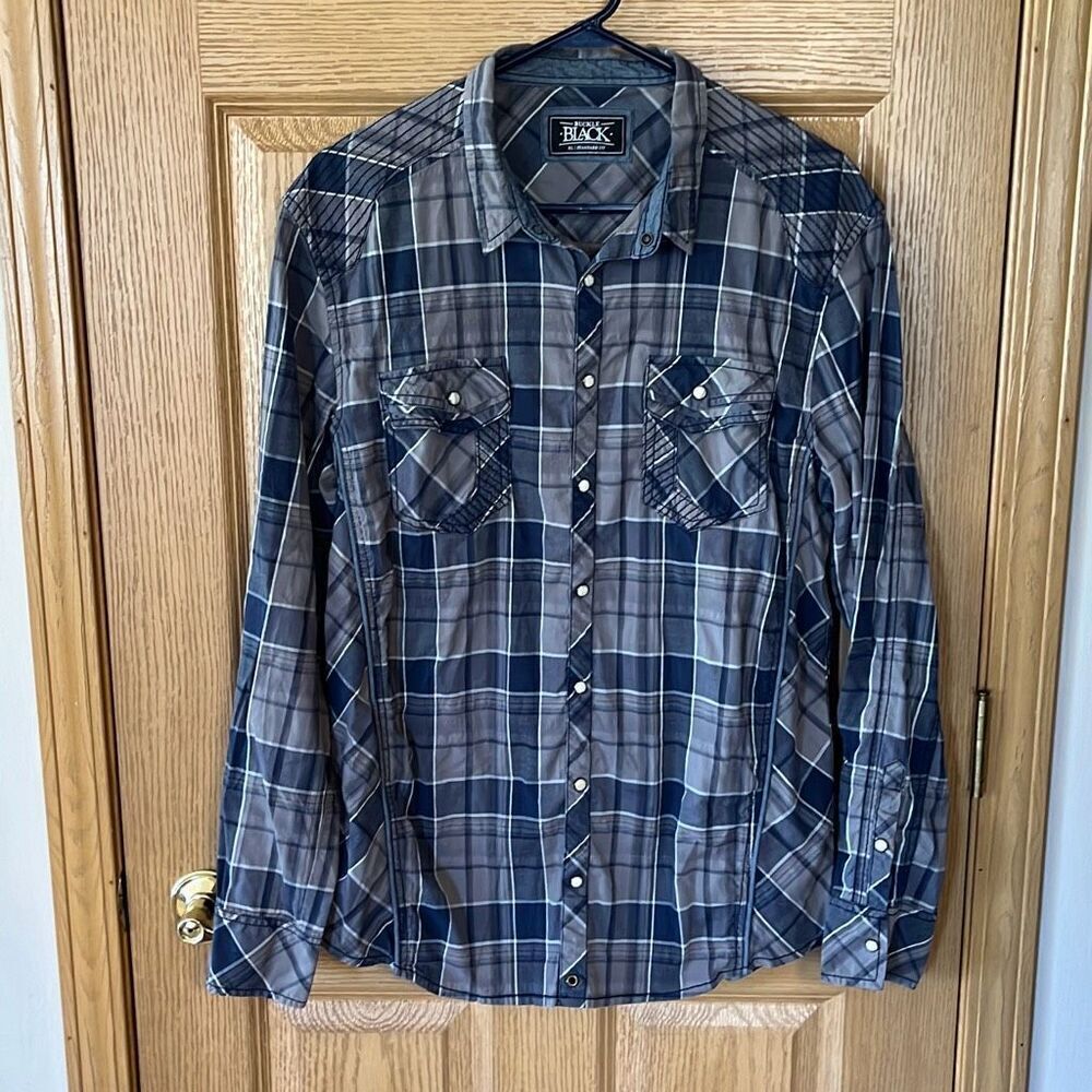 Buckle Black Blue Plaid Long Sleeve Pearl Snap Shirt XL